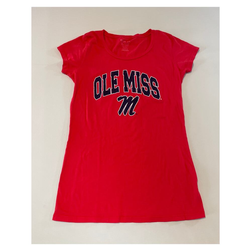Ole Miss Women’s Size M Red Tee Shirt Blue 84 Jersey Knit Short Sleeve